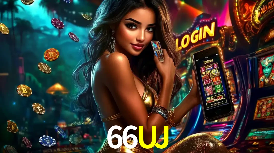 Mulher em um cenário de cassino temático de aventura, mostrando o app de caça-níqueis da 66UJ no celular. Fichas de apostas flutuam ao redor.