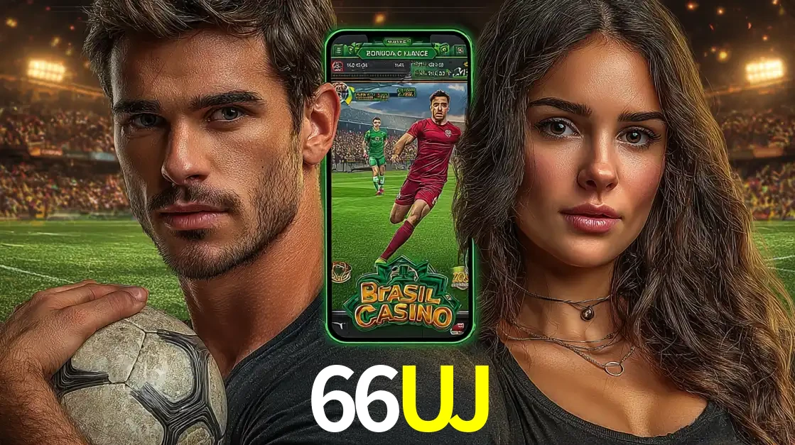 Homem segurando uma bola de futebol e uma mulher ao lado de um smartphone exibindo o jogo de apostas esportivas da 66UJ. Faça seu palpite no cassino online.
